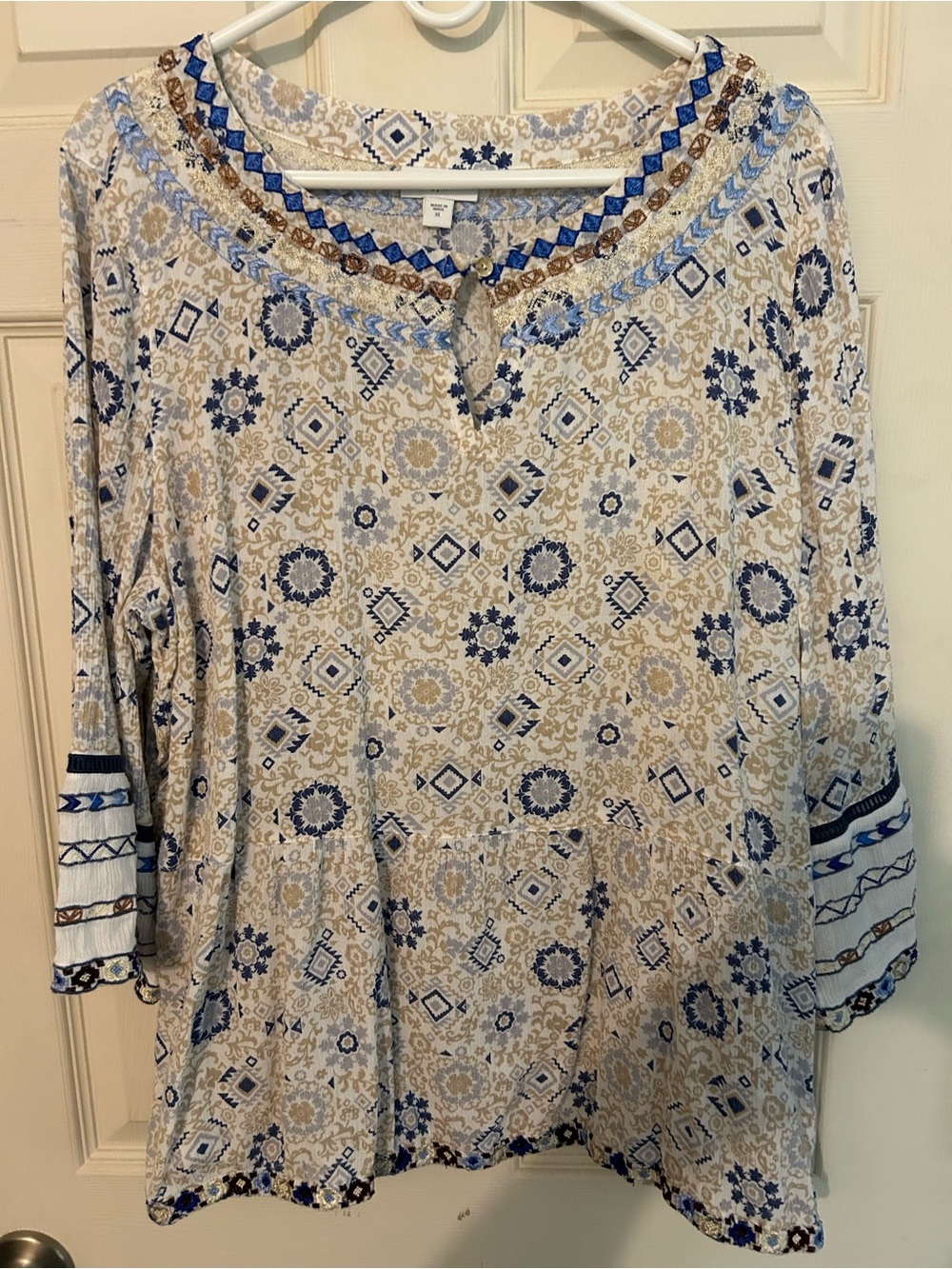 J.Jill XL Boho Embroidered Tunic Top in White, Blue & Tan